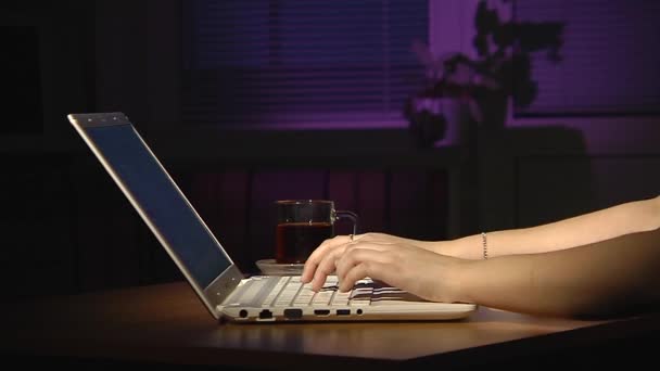 Manos femeninas escribiendo en un portátil blanco. Buenas noches. . — Vídeo de stock