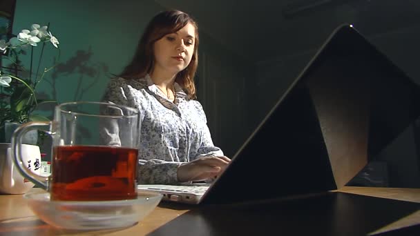 Une jeune fille travaille sur un ordinateur portable blanc. Bonsoir. . — Video