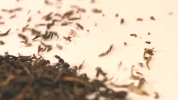 Les feuilles de thé vert séchées. Roulez de haut en bas. Au ralenti. Gros plan. Pan. 2 clichés