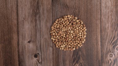 Üst görünüm makro yakın plan ahşap zemin üzerinde kuru kakule baharatı, yatay format, metin için kopyalama alanı.