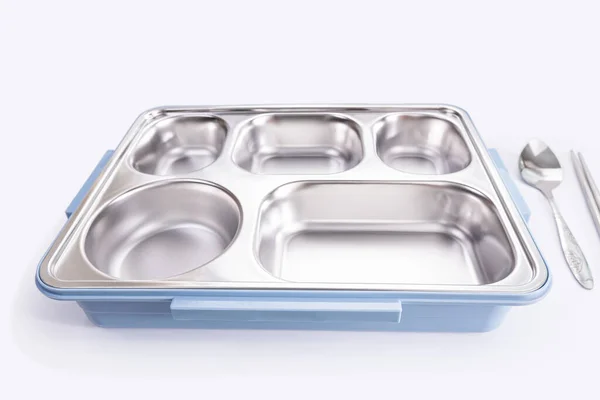 Bandejas Alimentos Vacías Acero Inoxidable Secciones Con Caja Inferior Azul — Foto de Stock