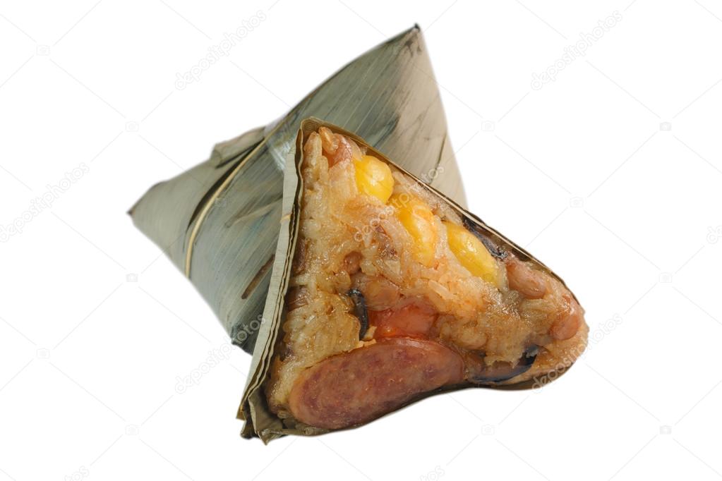 Zongzi or Chinese sticky rice dumpling on white background.