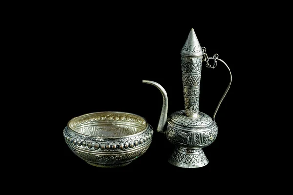 Old silver ewer container pour water, Buddhism — Stock Photo, Image