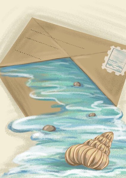 Letter from the sea with water and seashell from envelope cute illustration pastel colors 