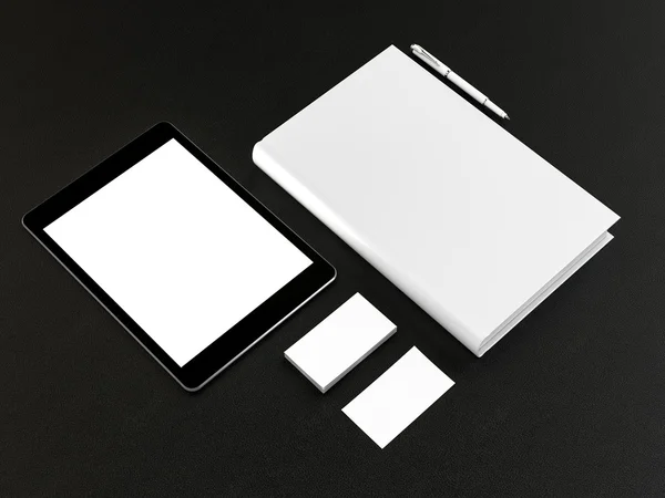 Layout white papers e cartões de visita com o tablet — Fotografia de Stock