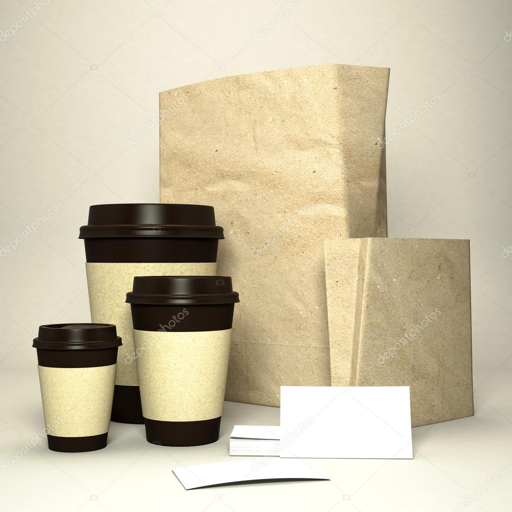 Coffee cup with coffee beans and paper bag