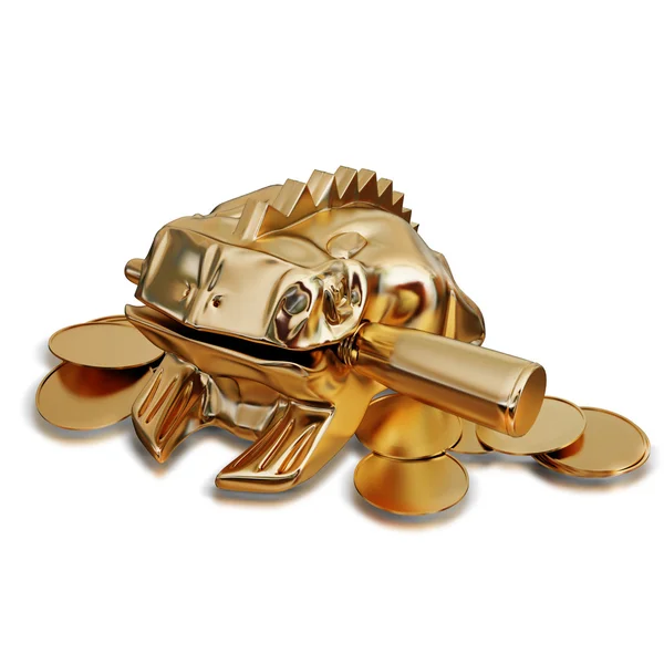 Illustration of a golden Feng Shui frog sitting on money — Stock Photo, Image