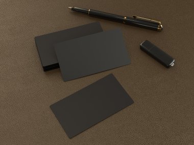 Deri arka plan üzerinde siyah kartvizit boş mockup