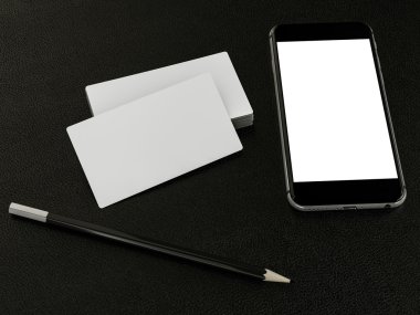 Beyaz iş kartları boş ve smartfon mockup deri arka plan üzerinde