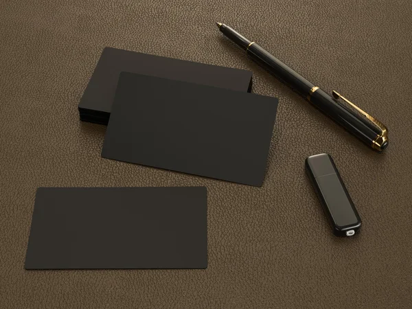 Black business cards blank mockup on leather background