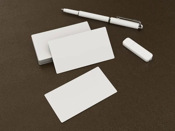 Biały biznes karty puste makieta na tle skórzane — Zdjęcie stockowe