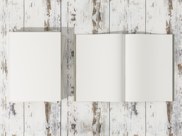 Open magazine cover with blank white page mockup on vintage wooden substrate