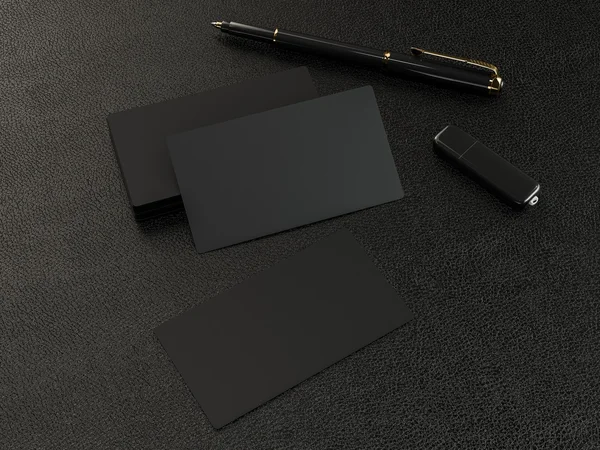 Black business cards blank mockup on leather background — Stock Photo, Image