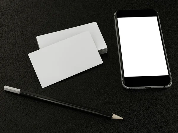 Branco cartões de visita em branco e smartfon mockup no fundo de couro — Fotografia de Stock