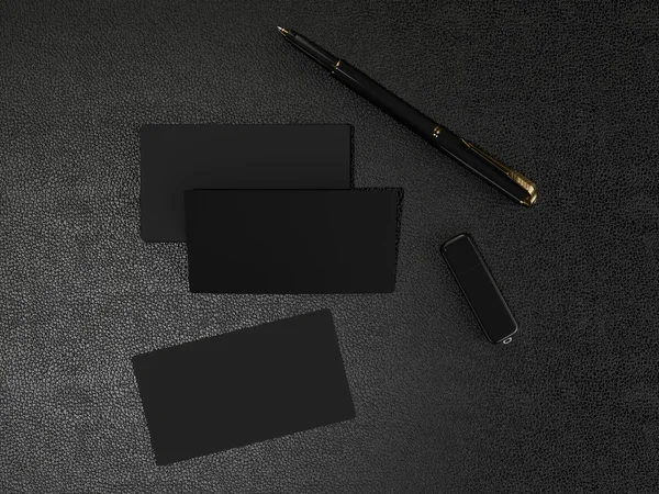 Black business cards blank mockup on leather background — Stock Photo, Image