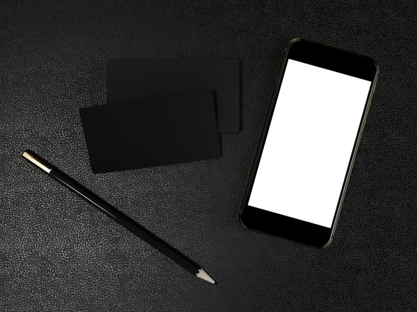 Κενό και smartfon κοροϊδεύω μαύρο επαγγελματικές κάρτες σε φόντο δέρμα — Φωτογραφία Αρχείου
