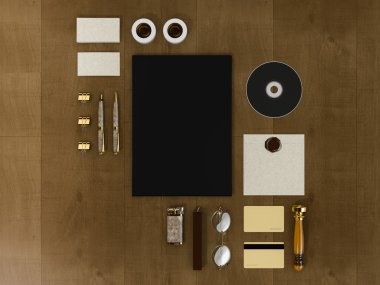 Antika ahşap arka plan üzerinde kimlik öğeleri kümesi