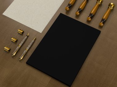 Antika ahşap arka plan üzerinde kimlik öğeleri kümesi