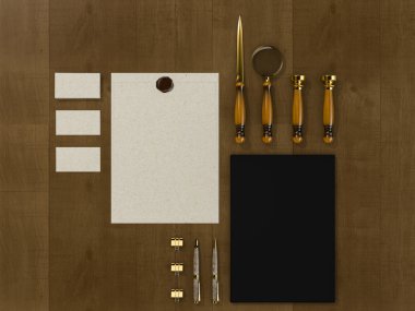 Antika ahşap arka plan üzerinde kimlik öğeleri kümesi