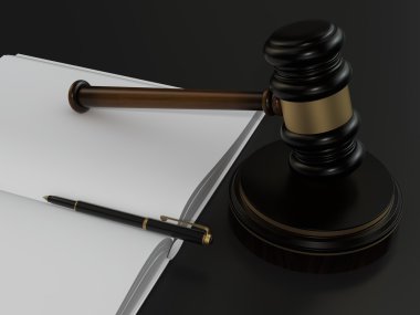 Ahşap yargı tokmak ve açık kitap siyah tablo