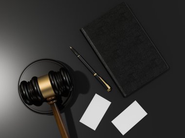 Ahşap hakimler Tokmak, kartvizit ve siyah tablo kitap