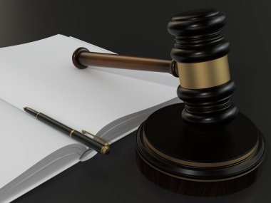 Ahşap yargı tokmak ve açık kitap siyah tablo