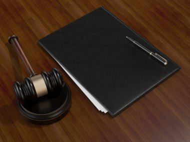 Ahşap hakimler tokmak ve deri klasör kahverengi ahşap zemin üzerinde 