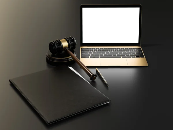 Wooden judges gavel and laptop computer on black table — Stock Photo, Image