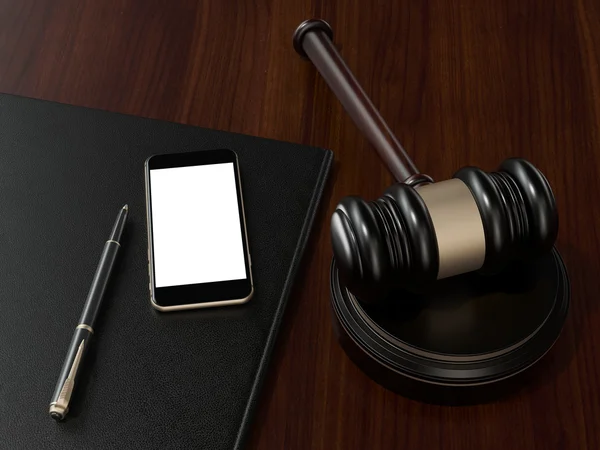 Wooden judges gavel and phone on the brown wooden background — Stock Photo, Image