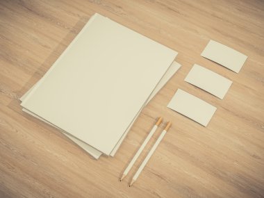 Kurumsal kimlik şablon mockup vintage ahşap yüzey üzerinde