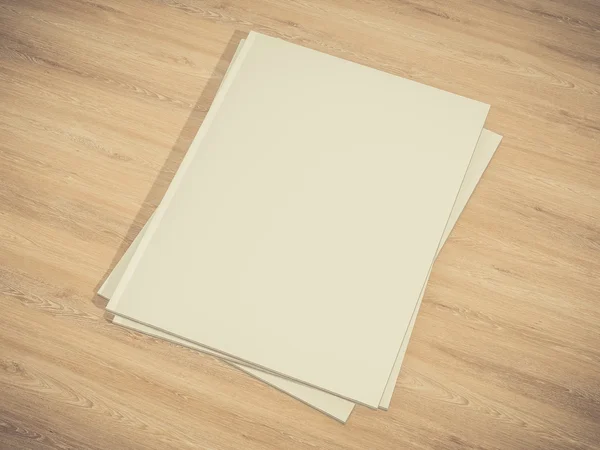 ビンテージ木製基板上の空白のページのモックアップと雑誌の表紙 — ストック写真