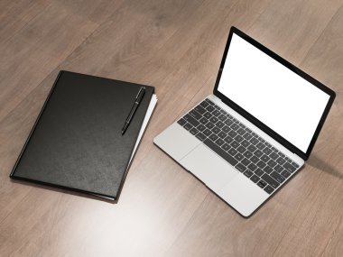 Kağıtları ve ahşap doku üstünde laptop için klasör