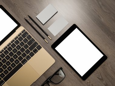 Dizüstü bilgisayar marka mockup ticari kartlar, tablet Pc