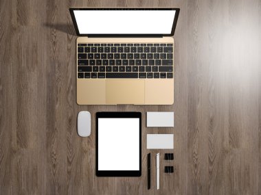 Dizüstü bilgisayar marka mockup ticari kartlar, tablet Pc