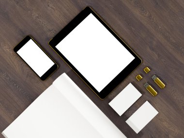 Açık dergi, tablet, boş bir beyaz sayfa mockup vintage ahşap yüzey üzerinde kartvizit kapak