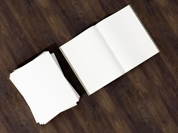 Copertina aperta con mockup bianco pagina bianca su substrato in legno vintage — Foto Stock