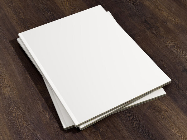 Magazine cover with blank white page mockup on vintage wooden substrate