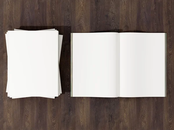 빈티지 나무 기판에 빈 흰색 페이지 이랑 함께 오픈 잡지 표지 — 스톡 사진