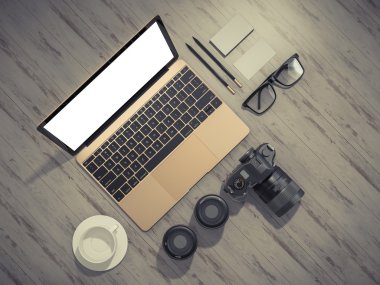 Tasarımcı aksesuarları ve becerikli alet üstünde tahta arka plan vintage tarzı