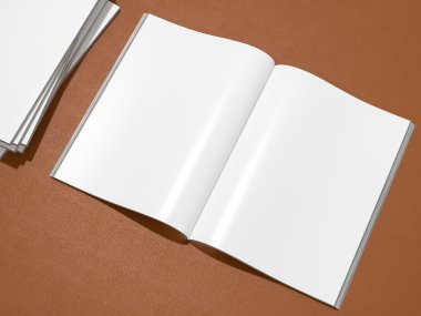 Açık Dergi kapağı ile boş bir beyaz sayfa mockup deri yüzey üzerinde