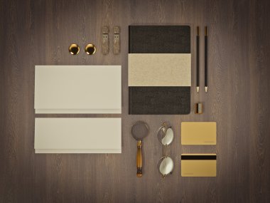 Antika ahşap arka plan üzerinde kimlik öğeleri kümesi