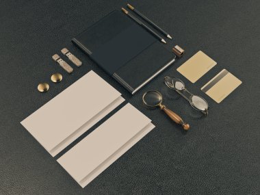 Siyah deri arka plan üzerinde kimlik öğeleri kümesi
