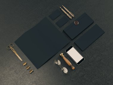 Siyah deri arka plan üzerinde kimlik öğeleri kümesi