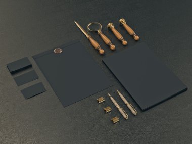 Siyah deri arka plan üzerinde kimlik öğeleri kümesi