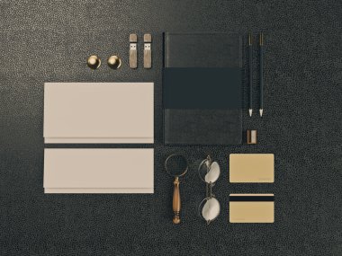 Siyah deri arka plan üzerinde kimlik öğeleri kümesi