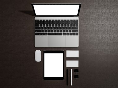 Kahverengi deri arka plan üzerinde kimlik öğeleri kümesi