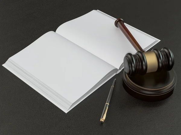 Wooden judges gavel and open book on black leather desk — 스톡 사진