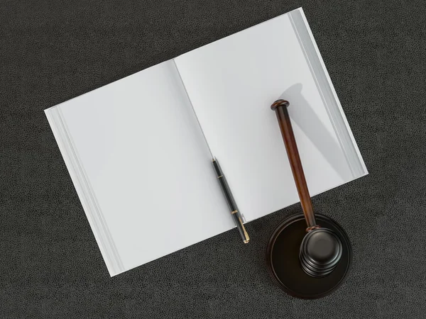 Wooden judges gavel and open book on black leather desk — Stock Fotó