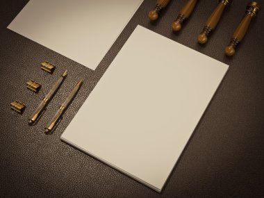 Kahverengi deri arka plan üzerinde kimlik öğeleri kümesi