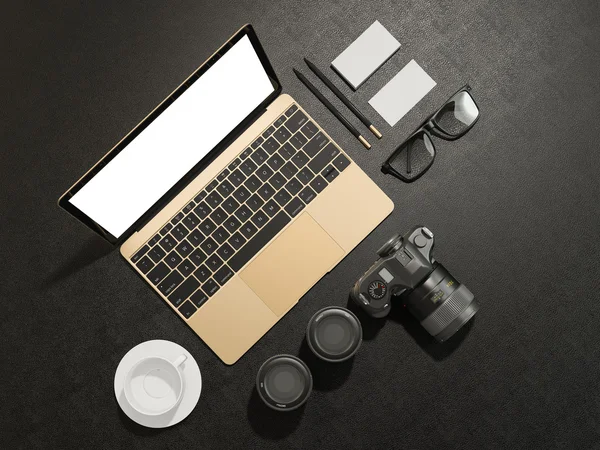 Designer accessories and gadgets on black leather background — Stock Photo, Image